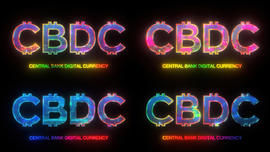 The Power of new digital currency CBDC concept. Transforming Industries and Customer Service. A game-changer for global commerce. Vibrant CBDC icon on black background. Design element
