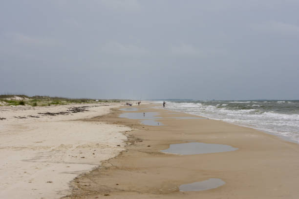 istock View along overcast beach with breaking surf and distant people fishing at low tide 1490263138