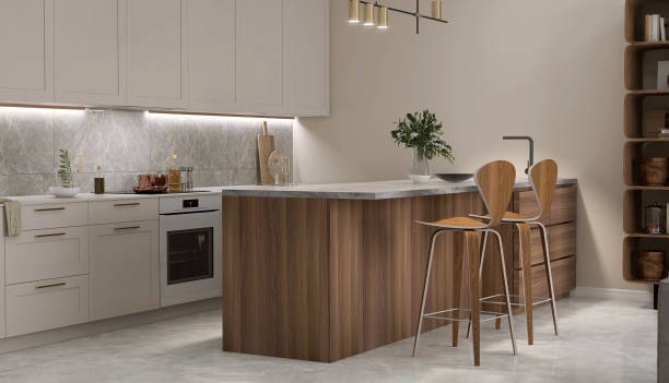 istock Modern, luxury beige kitchen counter with hidden light, cabinet, cupboard, wood dining table island, marble top, two high chairs on marble floor 1490266899