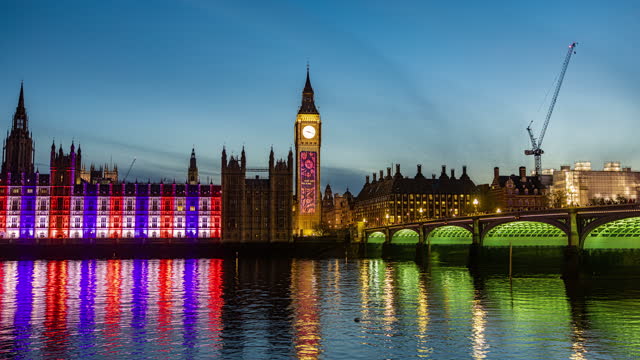 Time lapse at illuminated Houses of Parliament and Big Ben at dusk