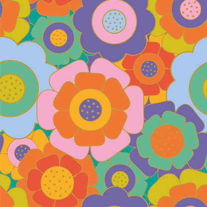 Vintage seamless pattern in hippie style.
70s and 60s funky and groovy post.
Psychedelic social media with flowers shapes.
Vibrant square for wallpaper and back.
Stock illustration