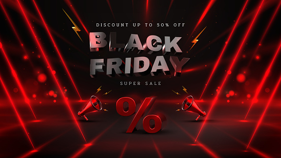 3d realistic black friday lettering with megaphone elements and red neon light ray effect on black background, holiday sale banner template, vector illustration.