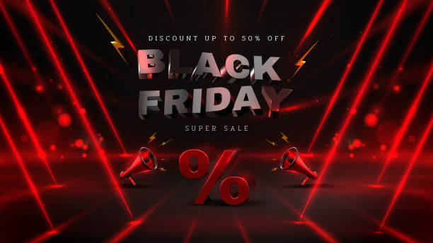 3d realistic black friday lettering with megaphone elements and red neon light ray effect on black background, holiday sale banner template, vector illustration. 3d realistic black friday lettering with megaphone elements and red neon light ray effect on black background, holiday sale banner template, vector illustration. for sale flash stock illustrations