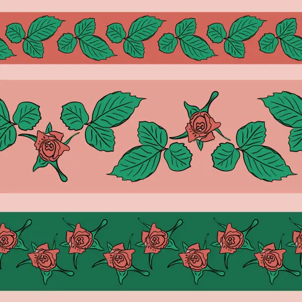 Vector illustration of Set of hand drawn seamless borders with roses
