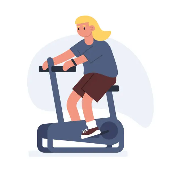 Vector illustration of Illustration of blonde girl works out on stationary bike