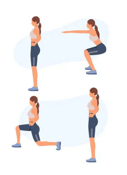 Vector illustration of Lunges, squats, sequence of exercises. Fitness step by step, instruction manual