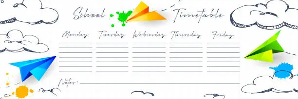 Vector illustration of Time planning concept in cartoon style. A to-do list for the week with multi-colored paper airplanes and freehand drawings in a school notebook.
