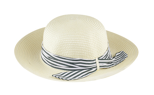 Feminine straw hat with striped ribbon, isolated on white background, cut out, clipping path, studio shot