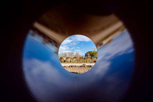 Tunnel vision view of buildings in Busan, South Korea through a peephole in Busan Tower.