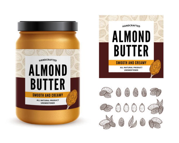 Almond butter label. Glass jar mockup. Almond icons vector art illustration