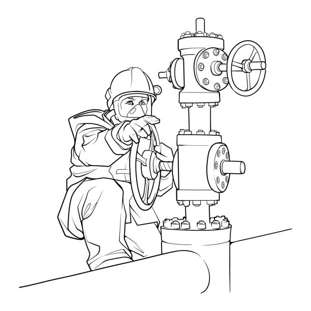 A Firefighter closing the pipeline valve A Firefighter in a fire proximity suit and oxygen mask closes the gas pipeline valve. Black line drawing isolated on white background. EPS10 vector illustration natural gas pipeline clip art stock illustrations