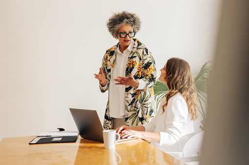 Two diverse businesswomen having a discussion in a modern meeting room. Creative businesswomen collaborating on a new task in a woman-owned startup.