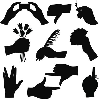 Collection of black hand silhouettes including, a hand holding a bunch of tulips, writing with a feather quill pen, holding a spread of cards, holding a lit match, giving a thumbs down, hands making a rectangle frame, a Vulcan hand salute (live long and prosper), a hand with a string tied to a finger to remember, and a pair of hands holding a small rectangular object (could be a business card or digital camera).