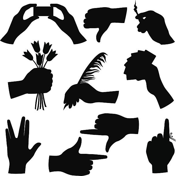 Hand silhouette collection Collection of black hand silhouettes including, a hand holding a bunch of tulips, writing with a feather quill pen, holding a spread of cards, holding a lit match, giving a thumbs down, hands making a rectangle frame, a Vulcan hand salute (live long and prosper), a hand with a string tied to a finger to remember, and a pair of hands holding a small rectangular object (could be a business card or digital camera). vulcan salute stock illustrations