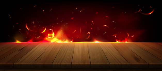 Oven fire burning at edge of wooden table. Vector realistic illustration of natural wood plank surface, red and orange flame with sparkes and smoke in air. Restaurant BBQ menu background design