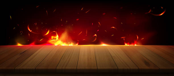 Oven fire burning at edge of wooden table Oven fire burning at edge of wooden table. Vector realistic illustration of natural wood plank surface, red and orange flame with sparkes and smoke in air. Restaurant BBQ menu background design restaurant table side view stock illustrations