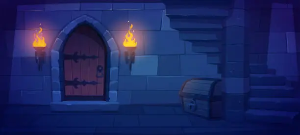 Vector illustration of Underground dungeon with wooden door, torch fire