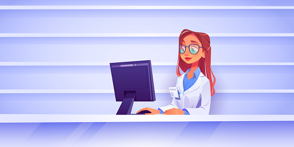 Female nurse hospital receptionist sitting at table background vector. Cartoon illustration with beautiful female doctor character on reception in medical clinic in uniform with badge.