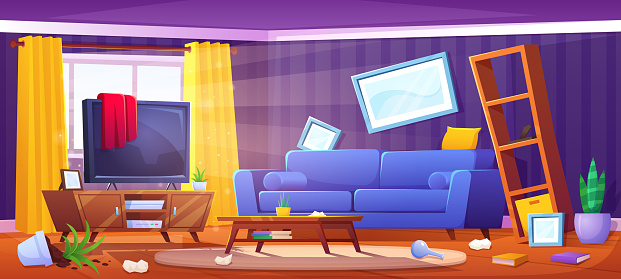 Messy living room interior design. Vector cartoon illustration of disorder at home with clothes and garbage scattered over floor, couch and tv, broken flower pot, pictures on wall, books on floor