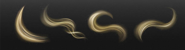 Set of shimmering dust swirls on transparent Set of shimmering dust swirls isolated on transparent background. Vector realistic illustration of sand and wind vortex in desert. Magic power effect. Golden air trail with sparkling powder particles wispy stock illustrations