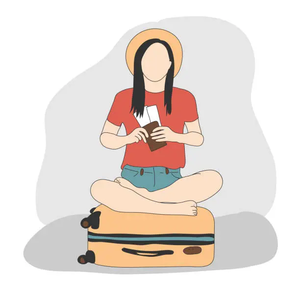 Vector illustration of A girl without a face in a hat sits on a suitcase and holds plane tickets in her hands. Vector illustration showing travel, tourism, leisure