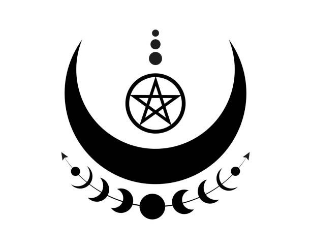 istock Mystical Moon Phases and Wicca pentacle. Sacred geometry. Logo, crescent moon, half moon pagan Wiccan goddess symbol, energy circle, boho style vector isolated on white background 1490288884