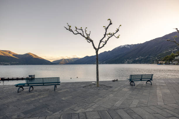 a beautiful view of the lake maggiore at dusk, shot from ascona, ticino - locarno imagens e fotografias de stock