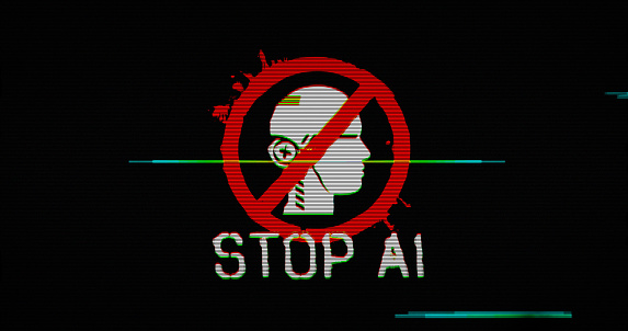 Stop AI symbol with distorted and glitch effect 3d illustration. Prohibition and forbidden artificial intelligence abstract concept. Noised retro tv style background.