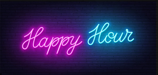 Happy hour neon lettering on brick wall background. Vector illustration.