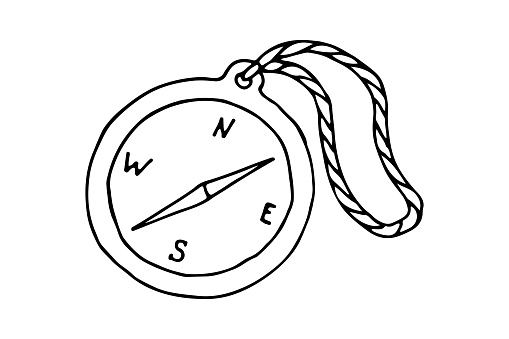A compass editable doodle hand drawn icon. Compass for camping, hiking, trekking, local tourism illustration for your design. Black and white line art.