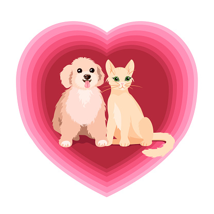 A puppy and a kitten are sitting together in the center of a burgundy heart.Vector illustration of the friendship of a cat and a dog.