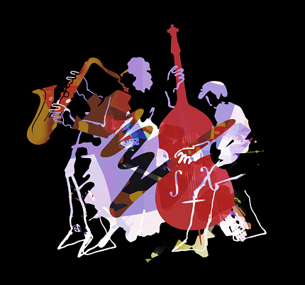 Expressive Illustration of two jazz musicians on grunge background with music notes. Isolated on black background.