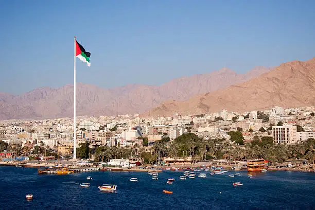 View to the city of Aqaba from the gulf of Aqaba . Aqaba is the capital city of Jordan.