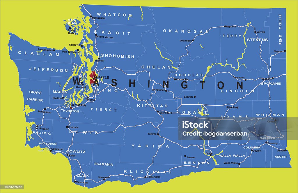 Mappa politica dello Stato di Washington - arte vettoriale royalty-free di Carta geografica