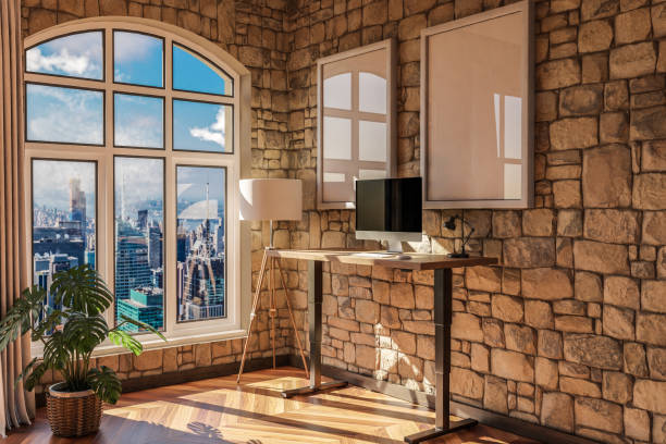 istock modern standing desk pc workplace in daylight downtown skyline office; home decoration desing and home office concept; 3D Illustration 1490300792