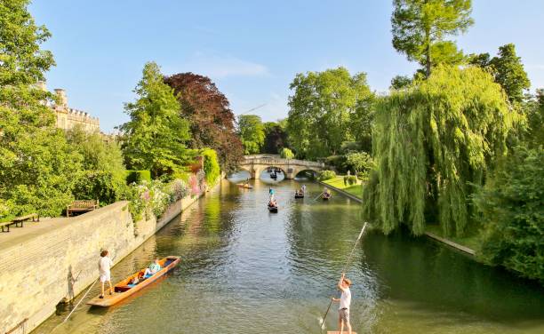 Clare College, Cambridge University, and Clare Bridge, Cambridge, UK Punters on the River Cam. Cambridge, with Clare Bridge, Clare College and King's College Bridge behind. cambridge england stock pictures, royalty-free photos & images