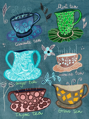 An illustration of beautifully decorated and designed tea cups on a blue background, with the names of the types of tea.