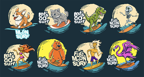 Animals dude night surfer cool summer t-shirt print. Bear, dinosaur, crocodile midnight ride surfboard. Corgi, cat and skeleton full moon surf slogan. Beach surfers funny child sea illustration