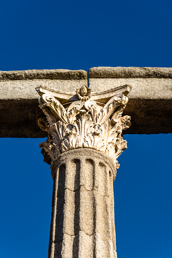 Roman Temple of Diana in Evora. Alentejo, Portugal. Corinthian-style capitals