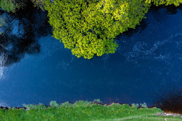 The view of a Scottish river directly below a drone