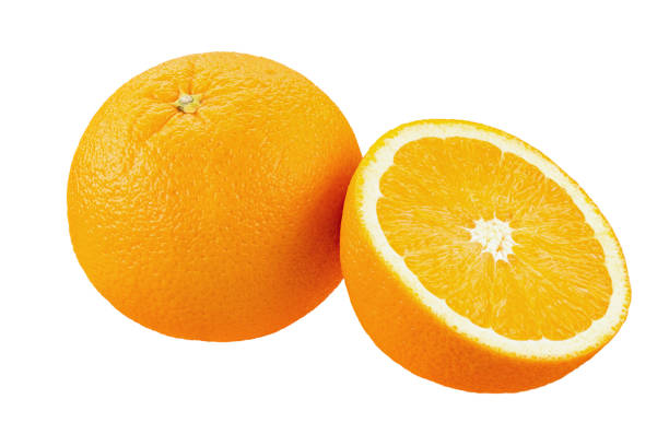 orange fruit. orange with cut in half isolate on white background. - navel bildbanksfoton och bilder