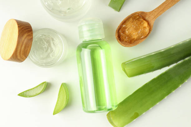 istock Aloe vera cosmetics, leaves and slices on white background 1490305937