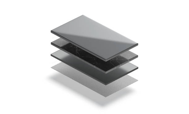 istock Blank gray marble, matte glass and carbon material layers mockup 1490306265