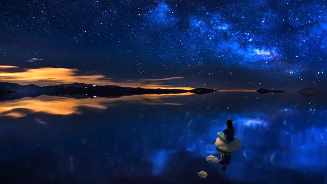 A girl or woman does meditation on a rock in the sea where the ocean is reflecting the sky clouds, lights and the night stars