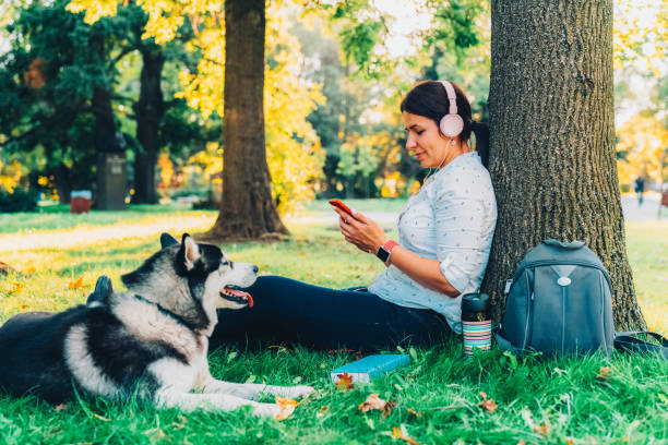 istock Dog walker with siberian husky in the park 1490306328