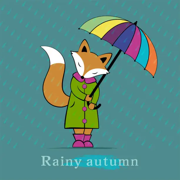 Vector illustration of Fox under an umbrella. Rainy autumn. Walk under the rain. Children's drawing with a fox in a fur coat. Autumn postcard.