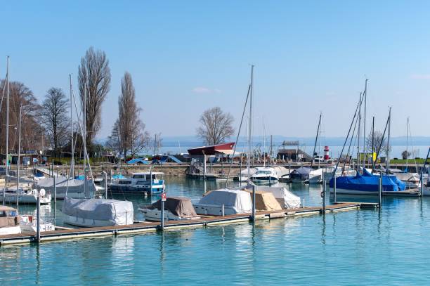 escena idílica de múltiples veleros en el puerto del lago bodensee en suiza - harborage fotografías e imágenes de stock