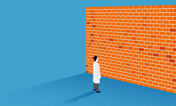 Illustration of a male doctor standing in front of a wall, concept illustration of difficulties, vector healthcare construction barrier stock illustrations