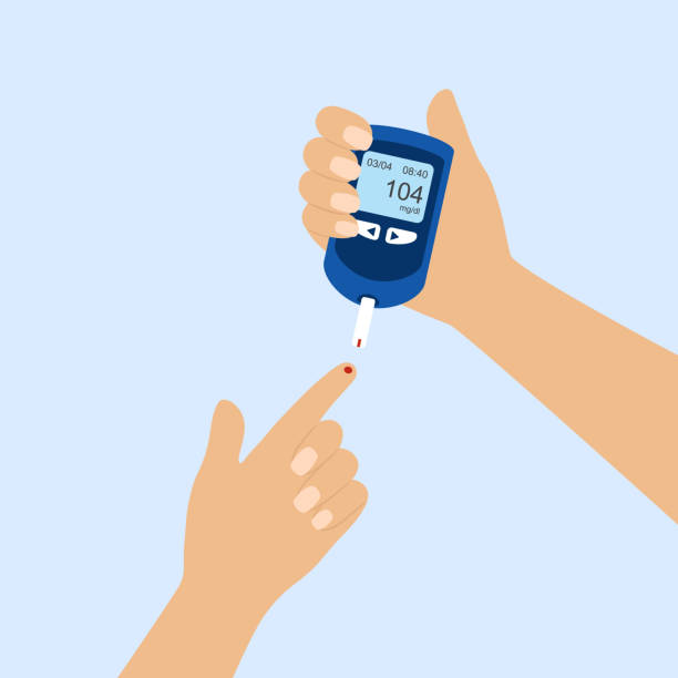 illustrations, cliparts, dessins animés et icônes de personne utilisant un glucomètre et mesurant le taux de sucre dans le sang - blood sugar test examining instrument of measurement diabetes