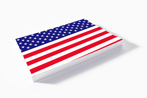 State border of North Dakota textured with American flag on white background. Horizontal composition with copy space.